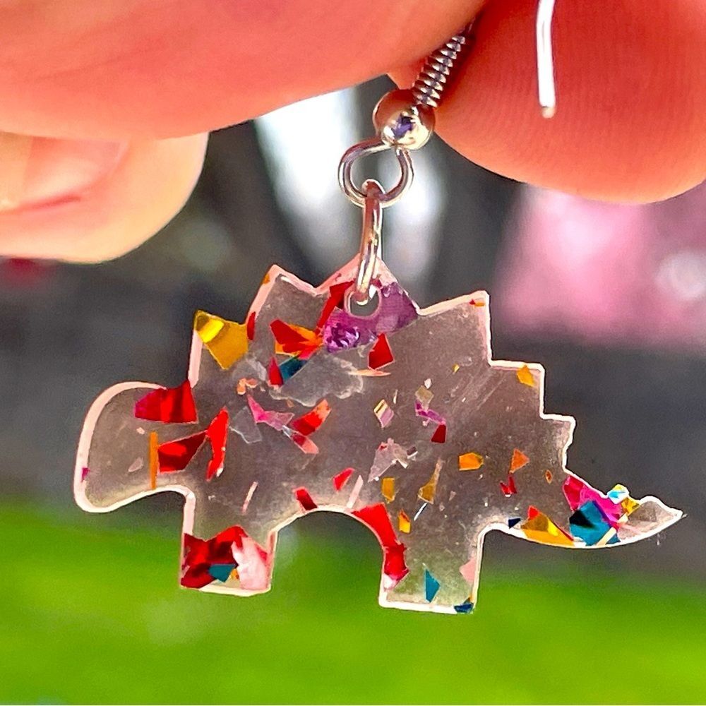 RAWR Dinosaur stegosaurus drop earrings acrylic dino confetti glitter gift